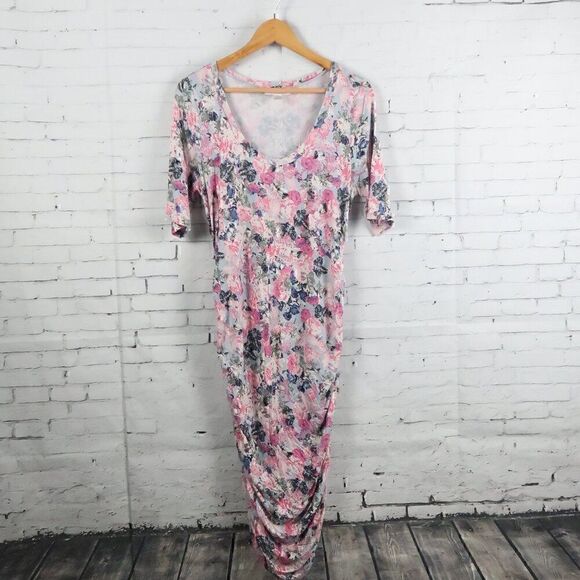 MOTHERHOOD MATERNITY PINK FLORAL SHORT SLEEVE SCOOP ROUND NECK MIDI DRESS SIZE L - Picture 1 of 9